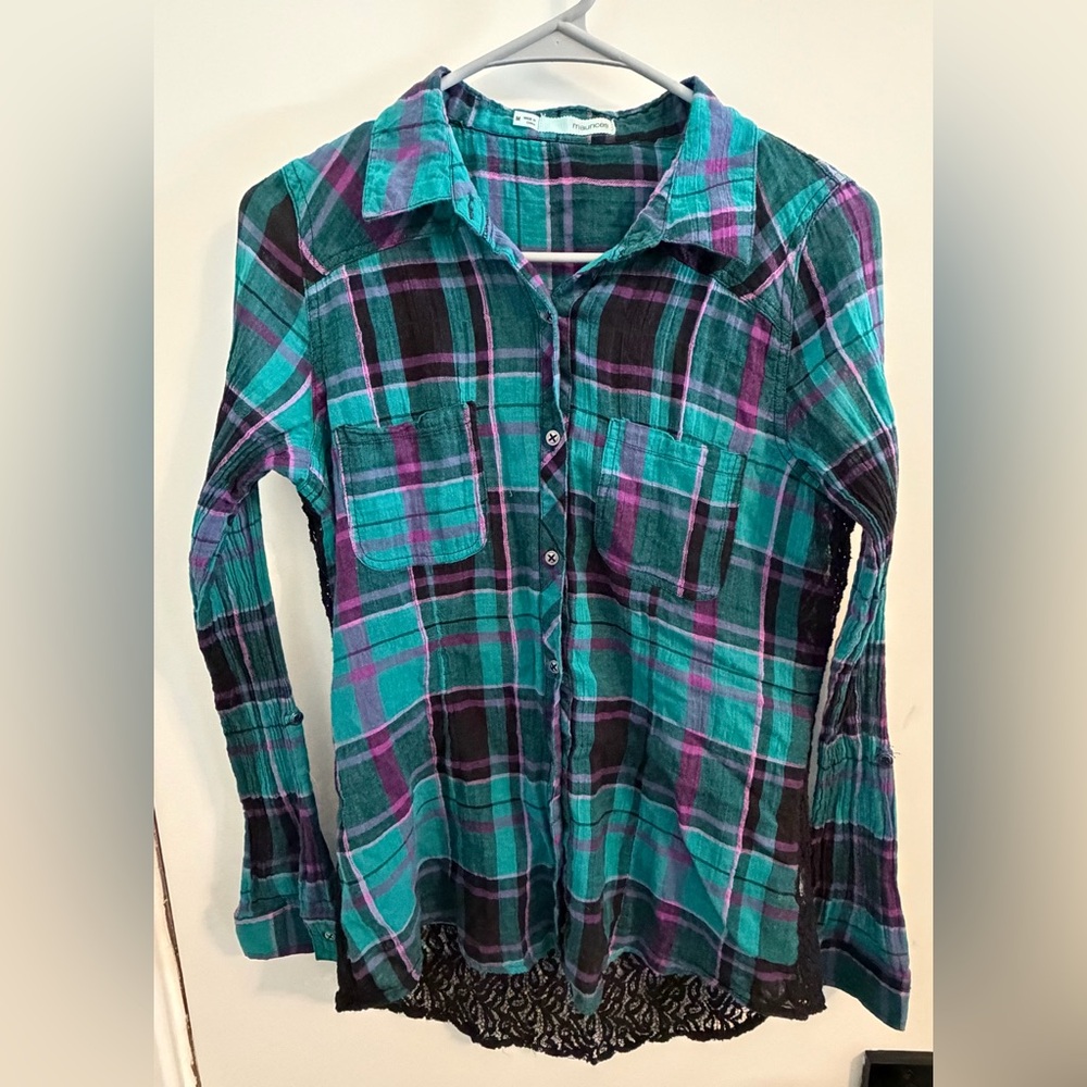 Women’s Maurices Teal and Purple Plaid Shirt with lace back - Size Medium
